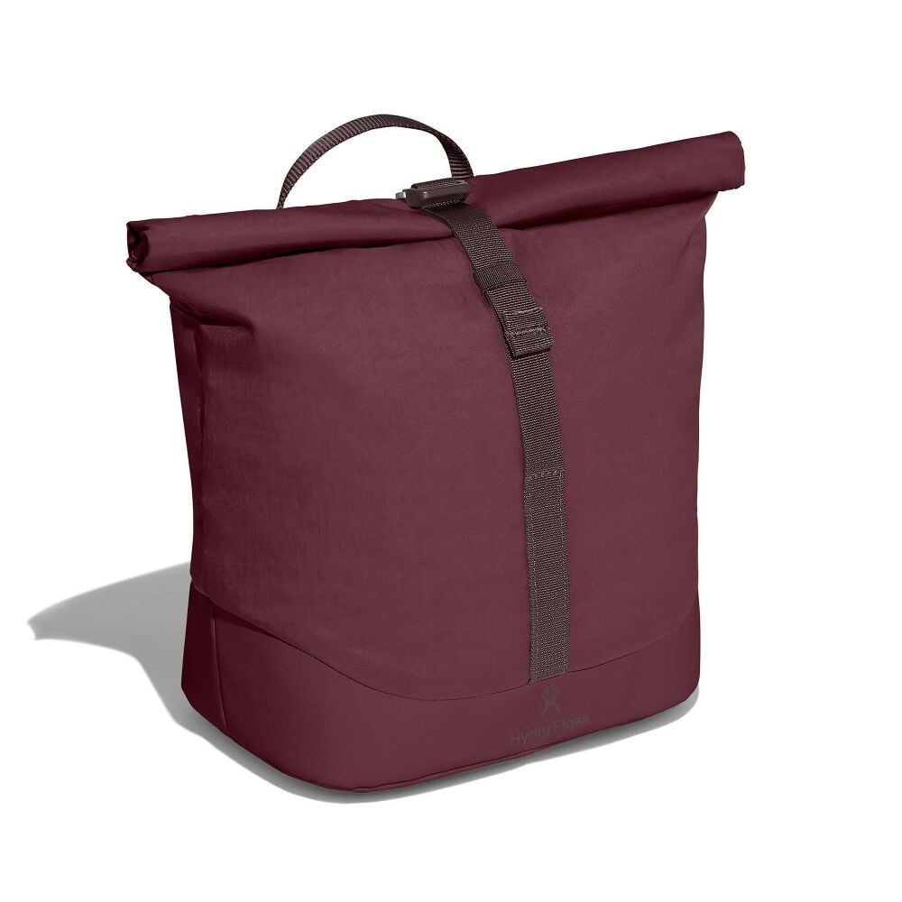 Maroon Hydro Flask roll-top tote with fabric handle, long central strap with buckle, reinforced darker bottom, durable water-resistant material, and logo near base.